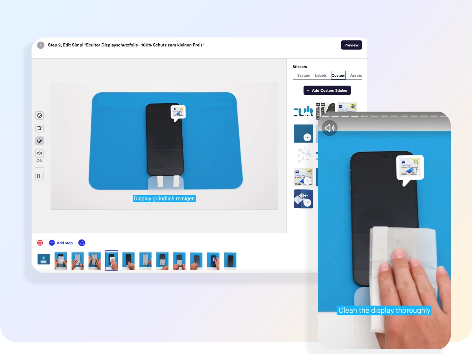 SIMPI editor for a screen-protector walkthrough beside the mobile customer preview